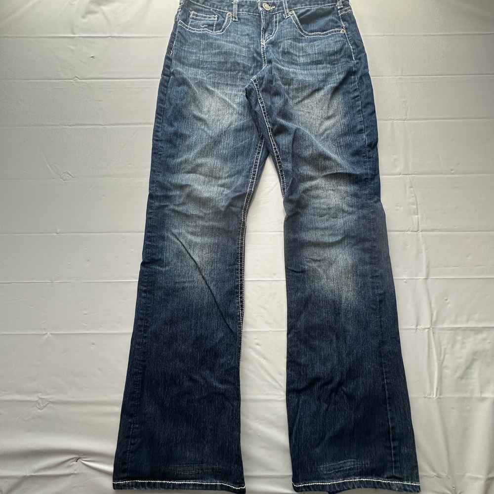 Maurices Curvy Bootcut Jeans Dark Wash Thick Stitch Embroidery Size 7/8 Long